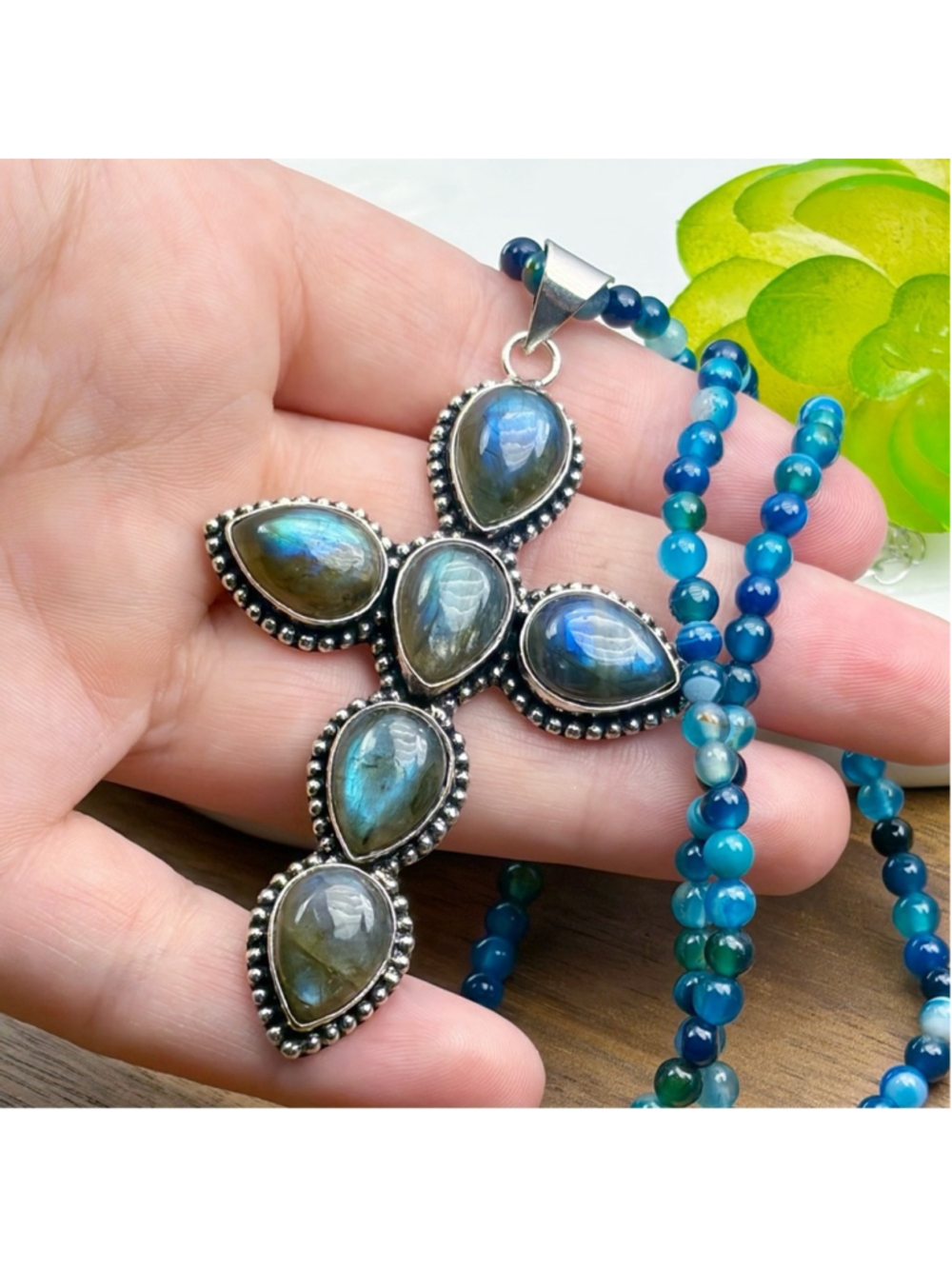 XL Flash Labradorite Cross Pendant Necklace Southwest Boho Vintage Style 925 - Picture 3 of 5